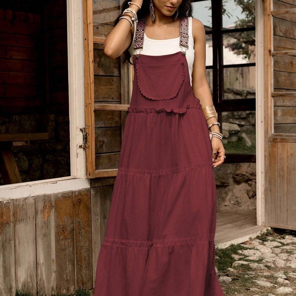 Burgundy Casual Women's Lace Floral Patchwork Dress With Adjustable Strap